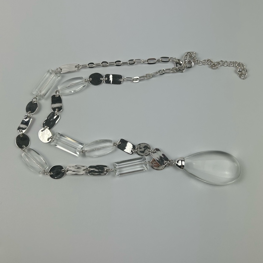 Chico’s long silver-tone beaded necklace with clear teardrop pendant 33”